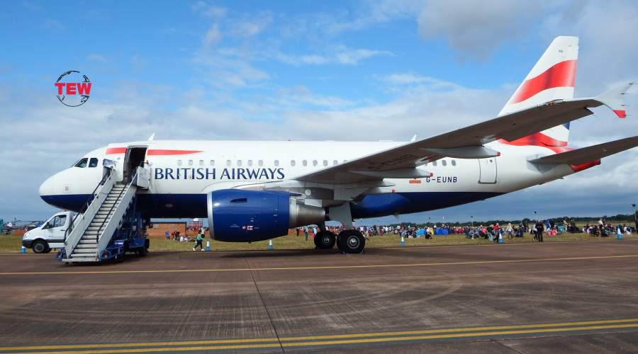 British Airways plane standing on runway.